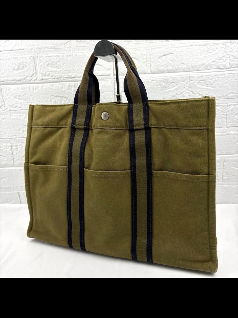 Hermes Olive Green Canvas Tote with Navy Stripe Handles